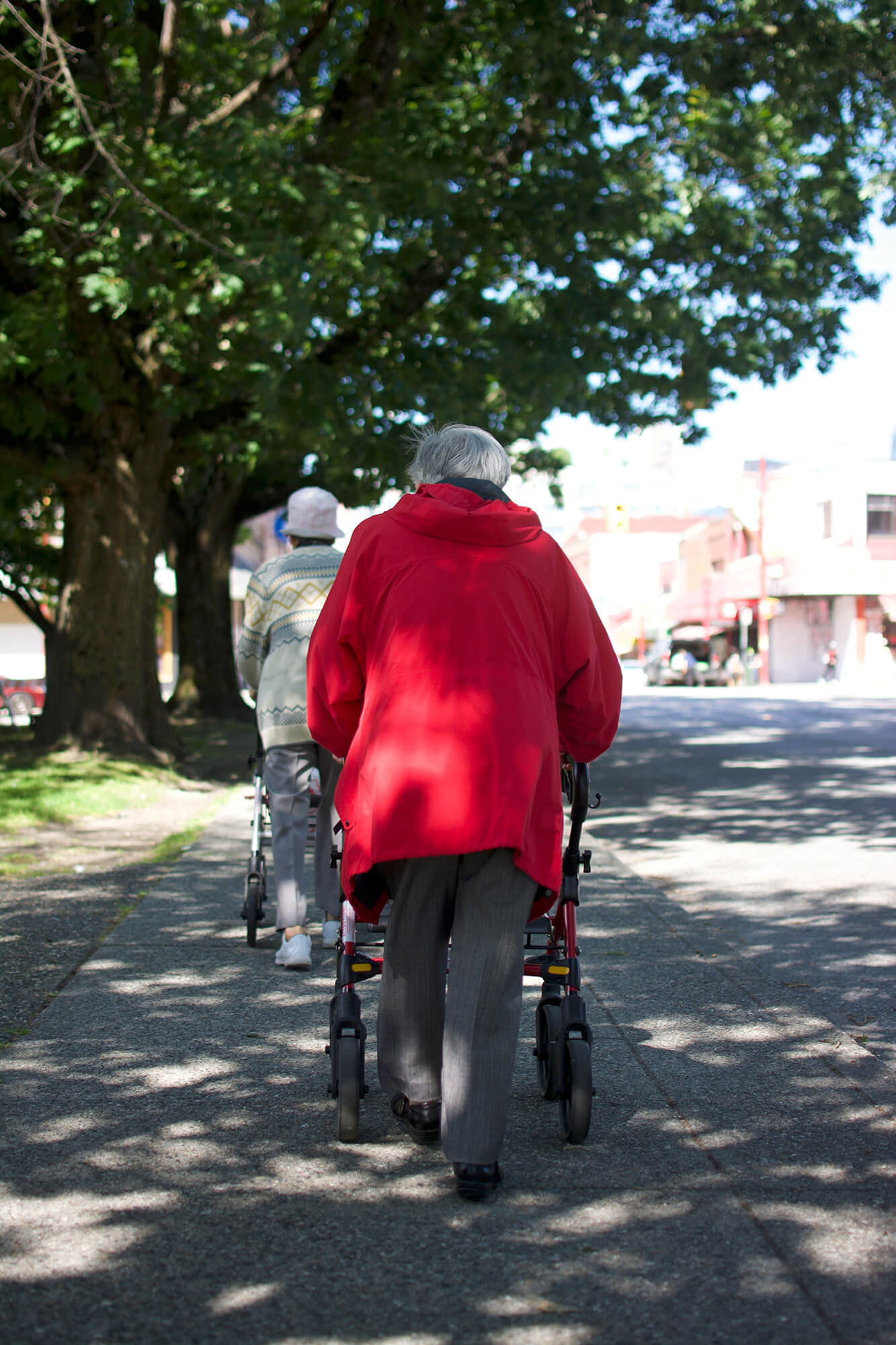 Two Chinese seniors stroll along a sunny street in their walkers, one after the other.