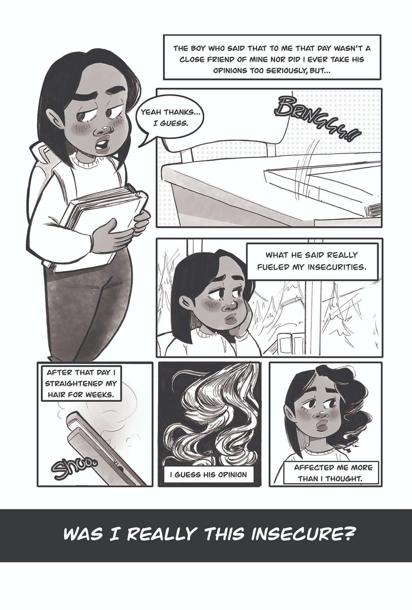 A page from Pearl's comic titled Tension. On this page, a young Pearl contemplates her insecurities about her curly hair, and decides to straighten her hair for weeks.