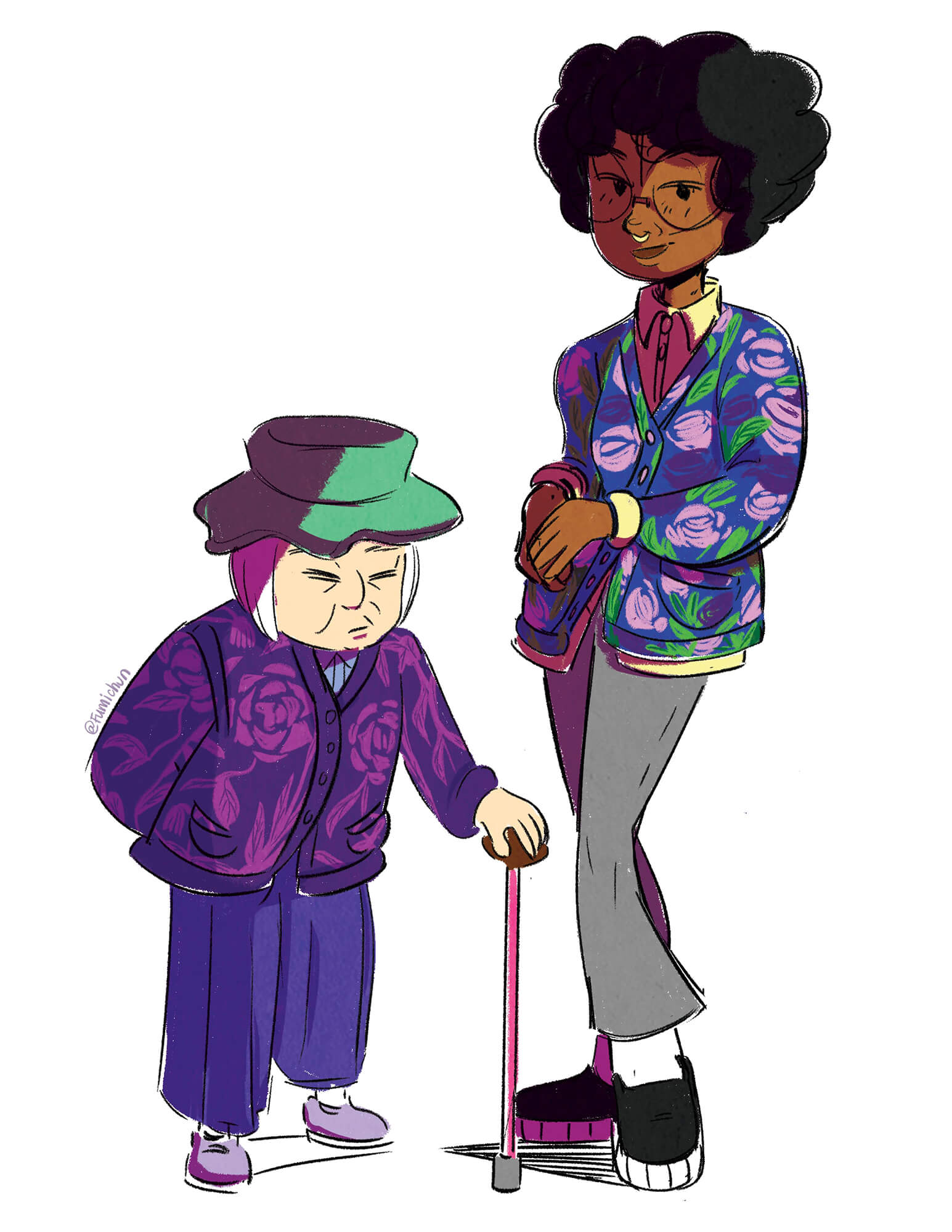 A digital art self-portrait of sorts. Pearl draws herself in matching outfits with her much shorter Chinese grandmother. The senior is leaning on a cane. She wears a green bucket hat and a purple ensemble complete with a purple cardigan with magenta flower patterns, purple pants, and purple shoes. Pearl is wearing a yellow button up under a floral cardigan covered in pink flowers and green leaves. She completes her outfit with gray pants and black sneakers.